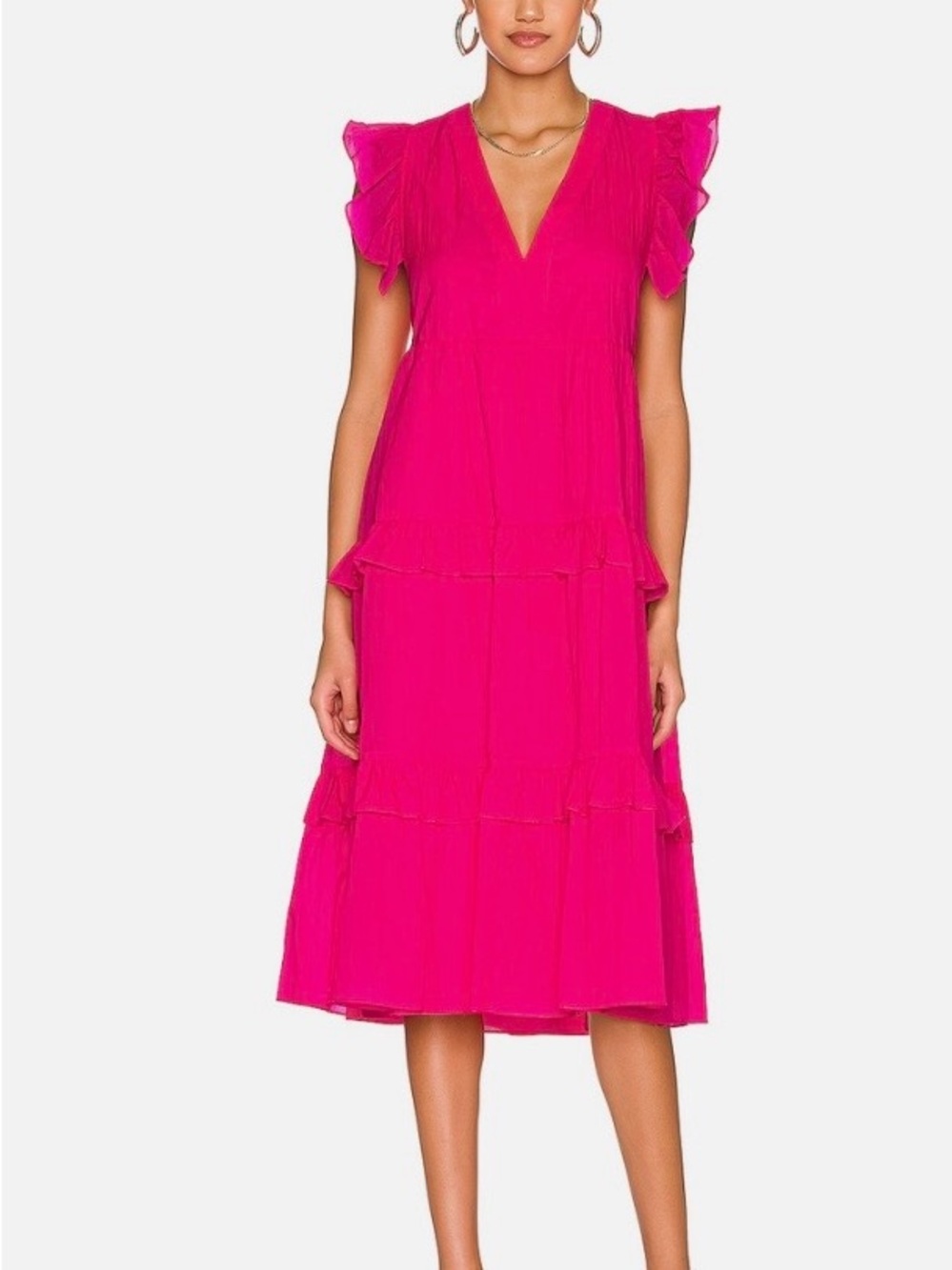 Amanda Uprichard Hot Pink Tiered V-Neck Midi Dress